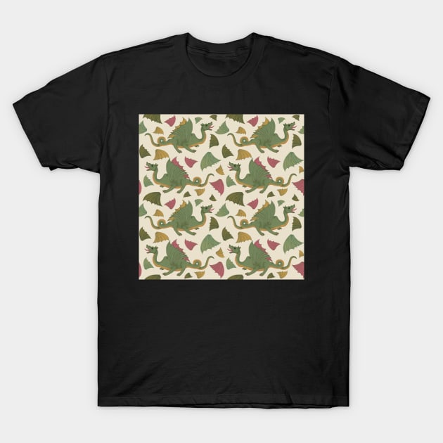 Green Dragon and Wing Pattern T-Shirt by OneLook